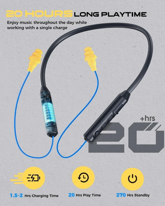 Alt view image 2 of 7 - Bluetooth Earplug Headphones, Neckband Wireless Earbuds earplugs-29db Noise Reduction isolating in-Ear earplug Earphones and Controls,IPX6 sweatproof,20+Hour Battery(Blue)