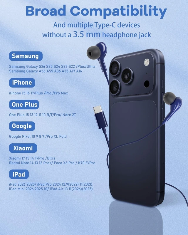 Alt view image 4 of 7 - USBC Headphones Wired for Samsung S26 S25 Ultra S24 S23 A57 A37 A17 A16 in Ear USB C Headphones Wired with Microphone Volume Control Type C Headphones iPhone 16 Pro Max iPad Mini Pixel Sapphire