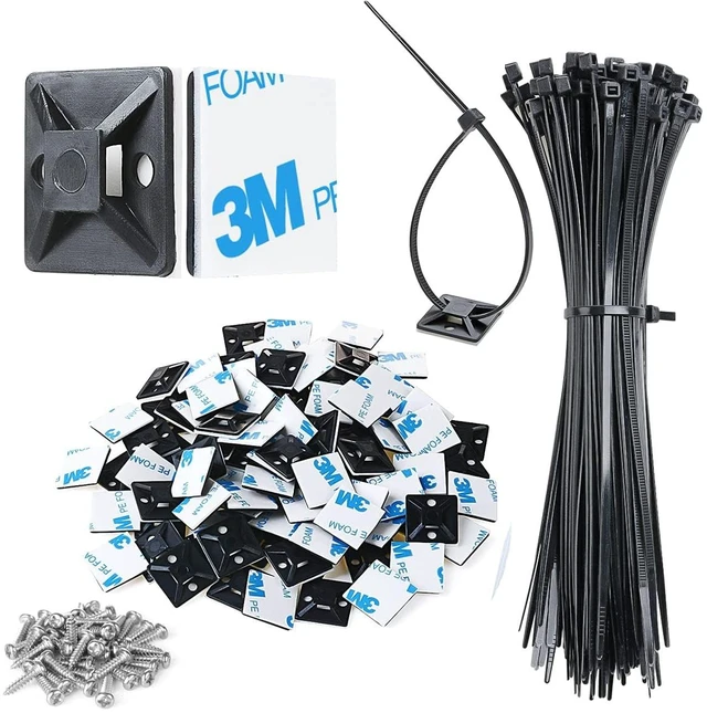 Main image of 200pcs 3/4" Back-Glue Self Adhesive Black Strong Cable Zip Tie Mounts with 8" Ties, Screws, UV Protection Outdoor Sticky Wire Fasteners Cable Clips Management Anchors Organizer Holders Squares