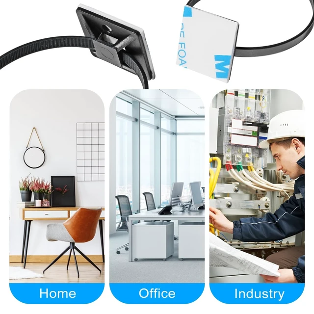 Alt view image 6 of 6 - 200pcs 3/4" Back-Glue Self Adhesive Black Strong Cable Zip Tie Mounts with 8" Ties, Screws, UV Protection Outdoor Sticky Wire Fasteners Cable Clips Management Anchors Organizer Holders Squares