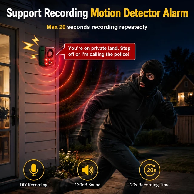 Alt view image 4 of 7 - Solar Outdoor Motion Sensor Alarm Dog Barking Gunshot Sound 130dB Support Recording and Adjustable Volume,Loud Noise Maker 3 Work Modes Strobe Light for Home, Villa, Farm, Barn (4pack)