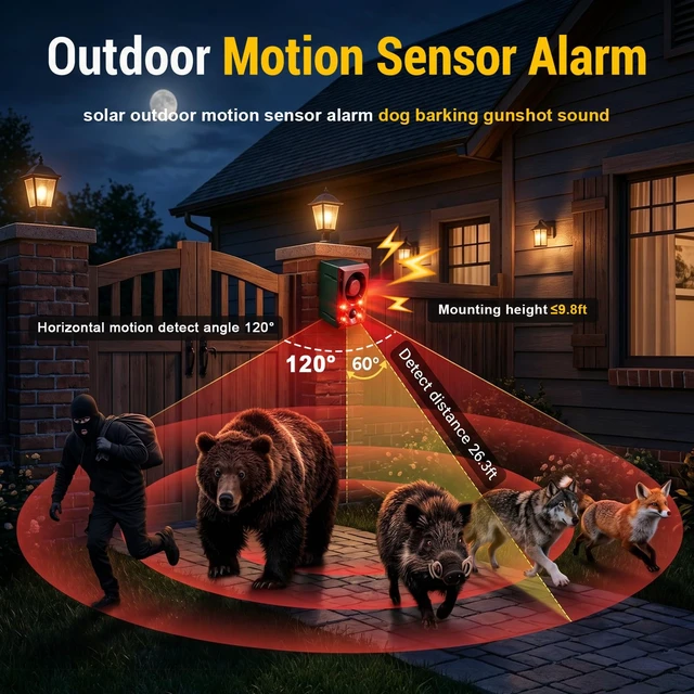 Alt view image 3 of 7 - Solar Outdoor Motion Sensor Alarm Dog Barking Gunshot Sound 130dB Support Recording and Adjustable Volume,Loud Noise Maker 3 Work Modes Strobe Light for Home, Villa, Farm, Barn (6pack)