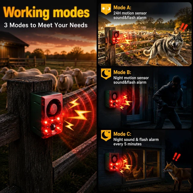 Alt view image 5 of 7 - Solar Outdoor Motion Sensor Alarm Dog Barking Gunshot Sound 130dB Support Recording and Adjustable Volume,Loud Noise Maker 3 Work Modes Strobe Light for Home, Villa, Farm, Barn (4pack)
