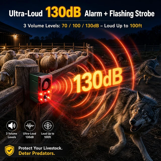 Alt view image 2 of 7 - Solar Outdoor Motion Sensor Alarm Dog Barking Gunshot Sound 130dB Support Recording and Adjustable Volume,Loud Noise Maker 3 Work Modes Strobe Light for Home, Villa, Farm, Barn (4pack)