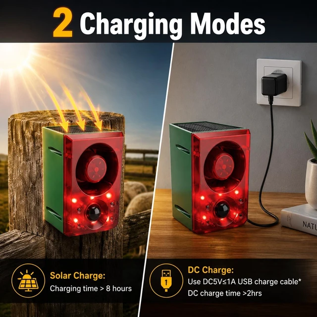 Alt view image 7 of 7 - Solar Outdoor Motion Sensor Alarm Dog Barking Gunshot Sound 130dB Support Recording and Adjustable Volume,Loud Noise Maker 3 Work Modes Strobe Light for Home, Villa, Farm, Barn (4pack)