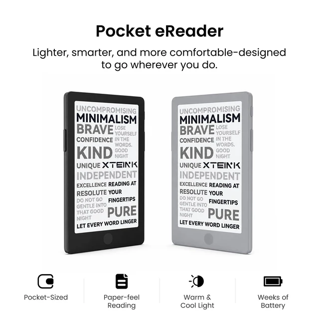 Alt view image 2 of 7 - X4 Pro 4.3" ebook Reader with Front Light & Touchscreen, Space Black 4.3" E-Book reader with adjustable front light, touch/gesture control, physical buttons, 1100mAh battery & magnetic charging
