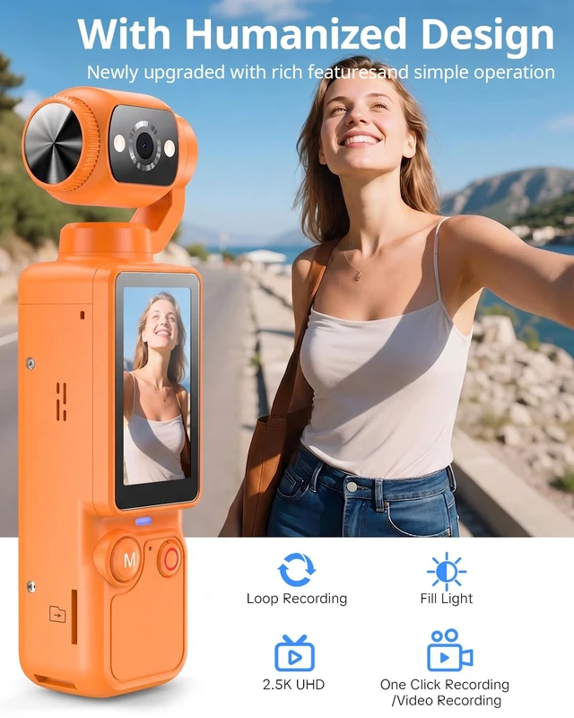 Alt view image 3 of 7 - Vlogging Camera, Mini Camcorder, Portable Handheld Video Camera Mini camcorder with 180° rotating lens, 7-hour battery, 32GB card, one-button recording for travel and daily moments