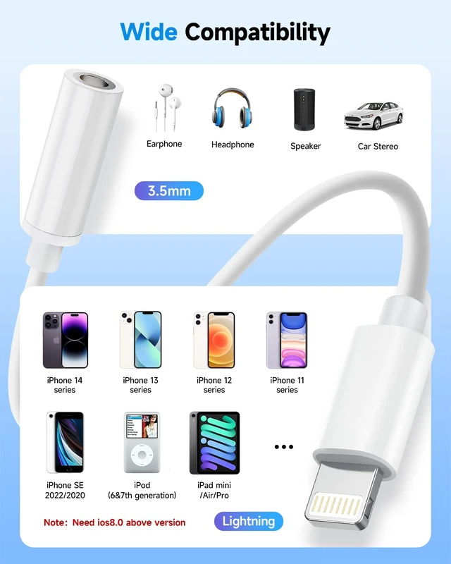 Alt view image 7 of 7 - Apple MFi Certified Lightning to 3.5mm Headphone Jack Adapter -Premium Audio Quality & DAC Chip for Music Listening Car, Gym, Home Office, Compatible with iPhone 14/13/12/11/X/8/7 15Pack (White)