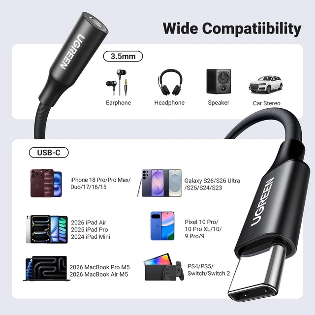 Alt view image 7 of 7 - USB C to 3.5mm Audio Adapter Type C to Aux 24bit/96kHz, Black HiFi DAC, USB-C to Headphone Jack Dongle Cable Compatible with iPhone 18 17 Pro Max/17 Plus, iPad, Galaxy S26 Ultra, Pixel 10