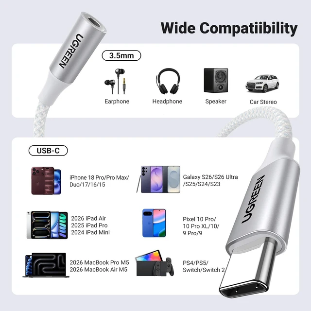 Alt view image 7 of 7 - USB C to 3.5mm Audio Adapter Type C to Aux 24bit/96kHz, White HiFi DAC, USB-C to Headphone Jack Dongle Cable Compatible with iPhone 18 17 Pro Max/17 Plus, iPad, Galaxy S26 Ultra, Pixel 10