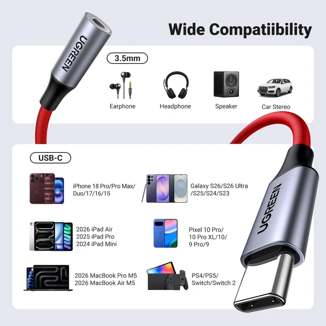 Alt view image 7 of 7 - USB C to 3.5mm Audio Adapter Type C to Aux 24bit/96kHz, Red HiFi DAC, USB-C to Headphone Jack Dongle Cable Compatible with iPhone 18 17 Pro Max/17 Plus, iPad, Galaxy S26 Ultra, Pixel 10