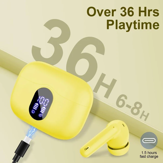 Alt view image 5 of 7 - True Wireless Earbuds Bluetooth Headphones HiFi Stereo Buds,Golden Yellow LED Display 36H Bluetooth EarBuds with Noise Cancelling Mic, IP7 Waterproof in Ear Earphones for Laptop/Phones/Gym/Work