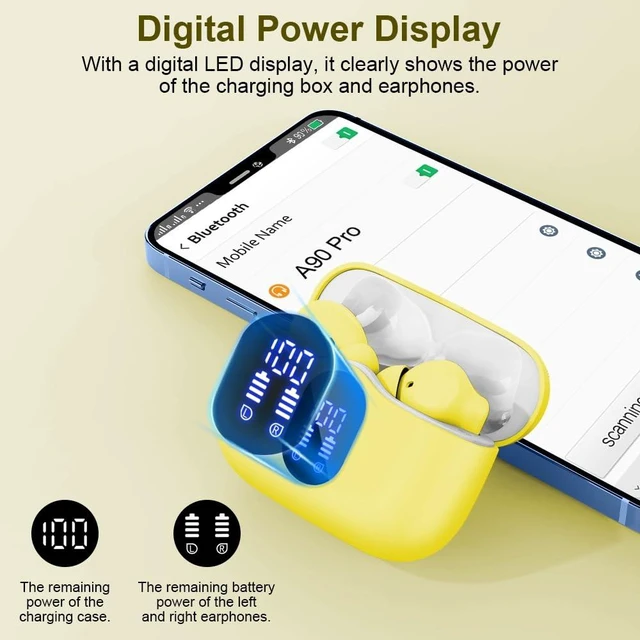 Alt view image 6 of 7 - True Wireless Earbuds Bluetooth Headphones HiFi Stereo Buds,Golden Yellow LED Display 36H Bluetooth EarBuds with Noise Cancelling Mic, IP7 Waterproof in Ear Earphones for Laptop/Phones/Gym/Work