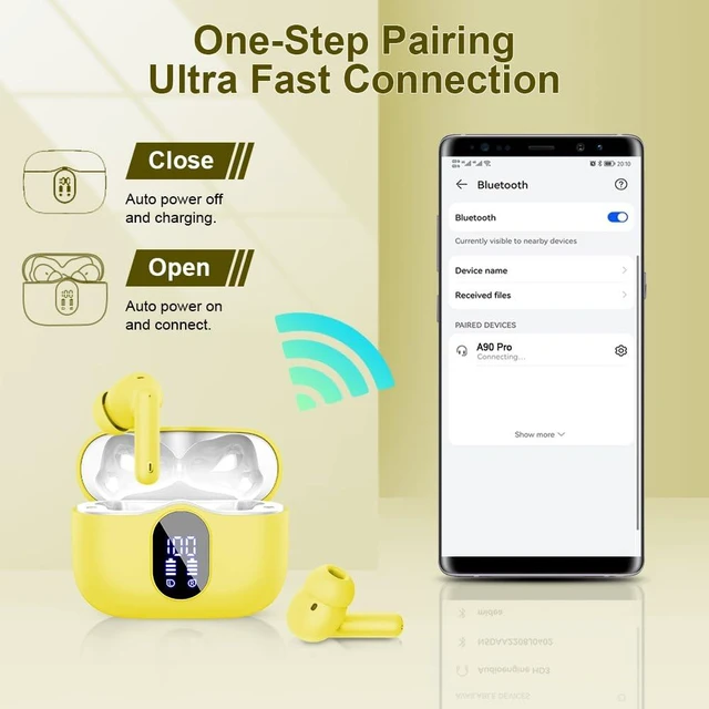 Alt view image 7 of 7 - True Wireless Earbuds Bluetooth Headphones HiFi Stereo Buds,Golden Yellow LED Display 36H Bluetooth EarBuds with Noise Cancelling Mic, IP7 Waterproof in Ear Earphones for Laptop/Phones/Gym/Work