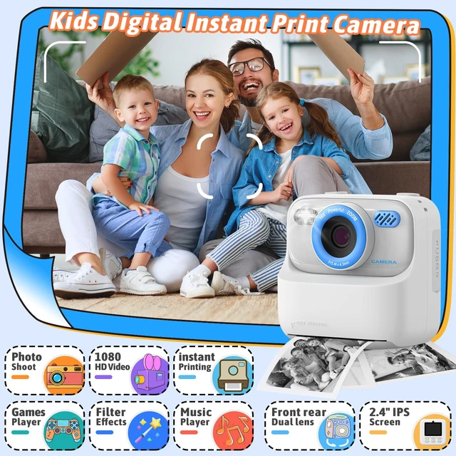 Alt view image 2 of 7 - Kids Instant Digital Cameras for Boys and Girls, 1080P HD Dual-Lens Selfie Digital Camera with Print Paper & TF Card, Christmas Birthday Gifts Toys for Toddler and Teenagers Age 3-16 Years Old