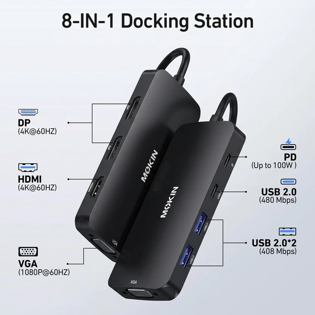 Alt view image 2 of 6 - USB C Docking Station Dual DisplayPort, USB Hub with 2 DP, HDMI, VGA, USB C 2.0, A 2.0, PD Charging Port, Multi Monitor Adapter for Dell/HP Laptops, Black