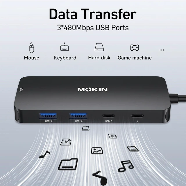 Alt view image 6 of 6 - USB C Docking Station Dual DisplayPort, USB Hub with 2 DP, HDMI, VGA, USB C 2.0, A 2.0, PD Charging Port, Multi Monitor Adapter for Dell/HP Laptops, Black