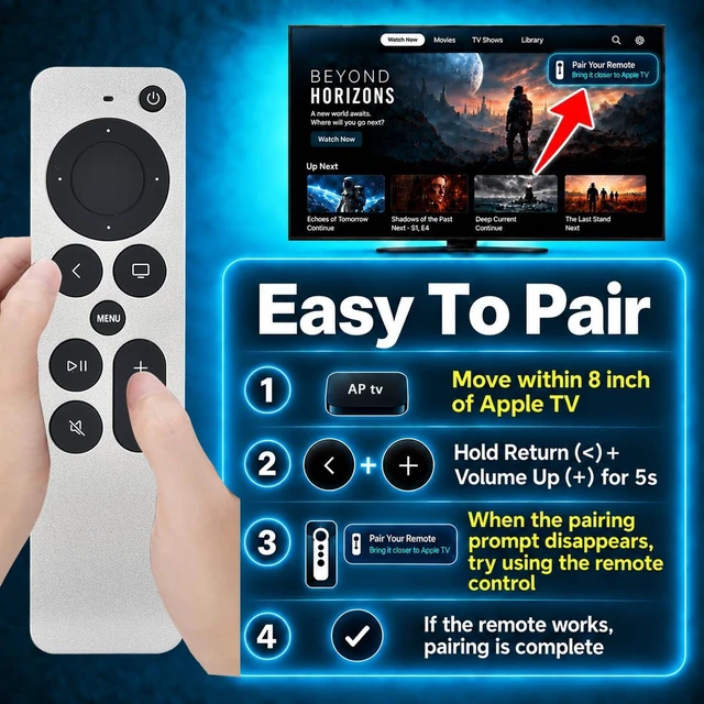 Alt view image 4 of 7 - Replacement Remote for Apple TV HD & 4K,Rechargable and Bluetooth Edition Remote Control for Apple TV HD & 4K(1st,2nd,3rd Gen), Compatible with A1625,A1842, A2169, A2737/A2843
