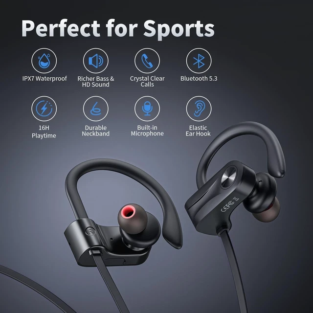 Alt view image 2 of 7 - Bluetooth Headphones, Wireless Earbuds Bluetooth 5.3 Headphones with 16Hrs Playtime Stereo Bass Headsets, IPX7 Waterproof Running Earphones for Sports, Black