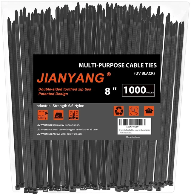 Main image of 8 Inch Zip Ties Double Sided Toothed (Bulk 1000 Pack Black),65lbs Tensile Strength Heavy Duty Cable Wire Ties with Self-Locking Adjustable Nylon Tie Wraps for Indoor Outdoor (Patented Design)