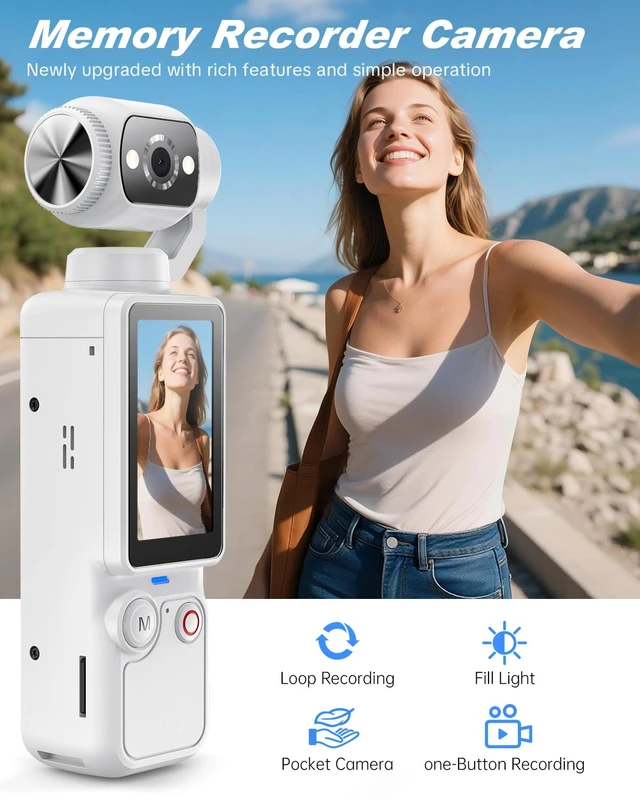 Alt view image 2 of 7 - Vlogging Camera, Mini Camcorder, Portable Handheld Video Camera Mini camcorder with 180° rotating lens, 7-hour battery, 32GB card, one-button recording for travel and daily moments