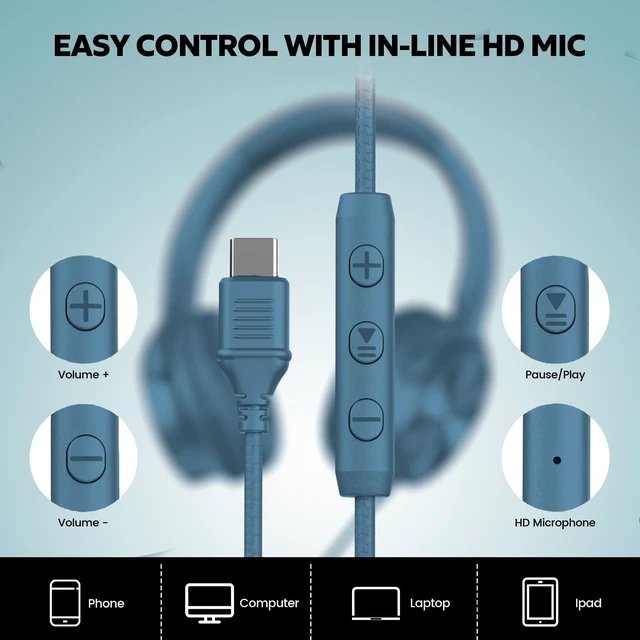 Alt view image 5 of 7 - USB C Headphones Wired, Over Ear USB C Wired Headphones with Microphone, Volume Control, HD Stereo Sound, Foldable USB Type C Headphone for Adult/Teens/Laptop/Computer/iPhone 15/16/17, Blue