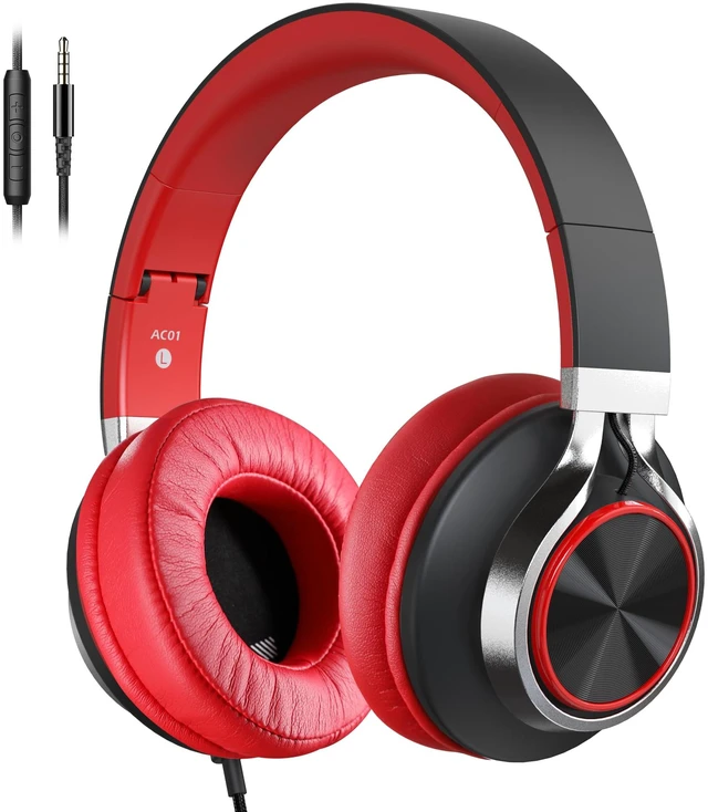 Main image of AC01 Over Ear Headphones Wired with Mic Volume Control, 3.5mm Jack Corded Stereo Headsets for Adults Teens Kids Headphones for School Classroom Chromebooks Laptop Tablets Travel, Black Red