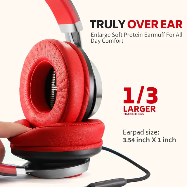 Alt view image 2 of 6 - AC01 Over Ear Headphones Wired with Mic Volume Control, 3.5mm Jack Corded Stereo Headsets for Adults Teens Kids Headphones for School Classroom Chromebooks Laptop Tablets Travel, Black Red