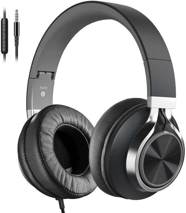 Main image of AC01 Headphones Wired Over Ear with Mic Volume Control, Black Grey Passive Noise Isolating Corded Stereo Headsets for Adults Teens Kids 3.5mm for School, Classroom, Laptop, Chromebook, Travel