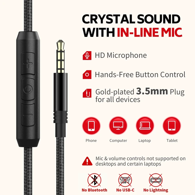 Alt view image 5 of 6 - AC01 Over Ear Headphones Wired with Mic Volume Control, 3.5mm Jack Corded Stereo Headsets for Adults Teens Kids Headphones for School Classroom Chromebooks Laptop Tablets Travel, Black Red