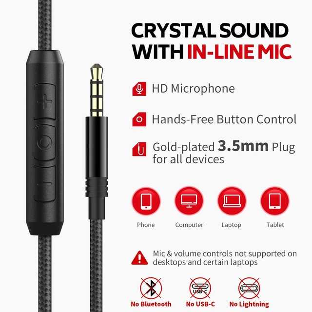 Alt view image 5 of 6 - AC01 Headphones Wired Over Ear with Mic Volume Control, Black Grey Passive Noise Isolating Corded Stereo Headsets for Adults Teens Kids 3.5mm for School, Classroom, Laptop, Chromebook, Travel