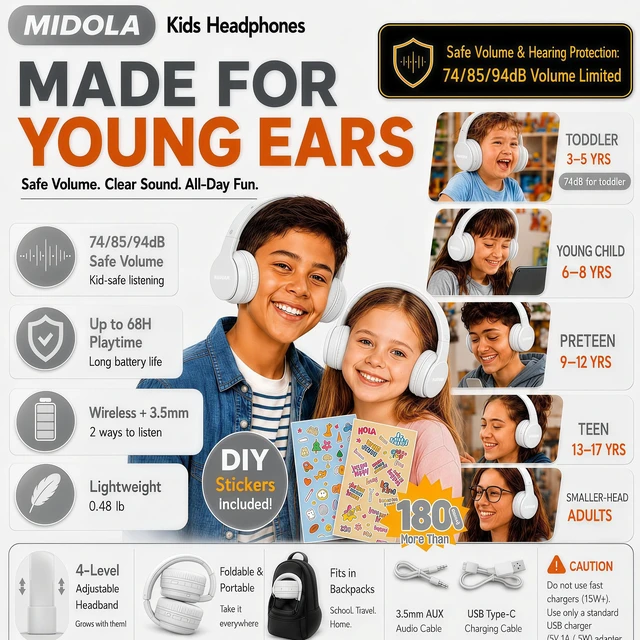 Alt view image 2 of 7 - Kids Bluetooth Headphones Wireless Over-Ear,68Hrs,Volume Limit 85/94dB Built-in Mic,Adjustable Headband Foldable Lightweight for Toddler School Girls Boys,Stereo Sound,Wired by Aux 3.5mm White