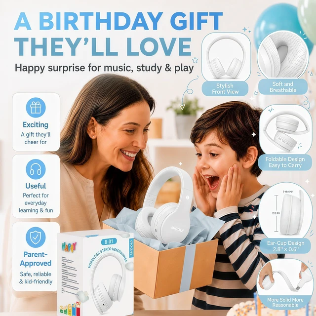 Alt view image 4 of 7 - Kids Bluetooth Headphones Wireless Over-Ear,68Hrs,Volume Limit 85/94dB Built-in Mic,Adjustable Headband Foldable Lightweight for Toddler School Girls Boys,Stereo Sound,Wired by Aux 3.5mm White