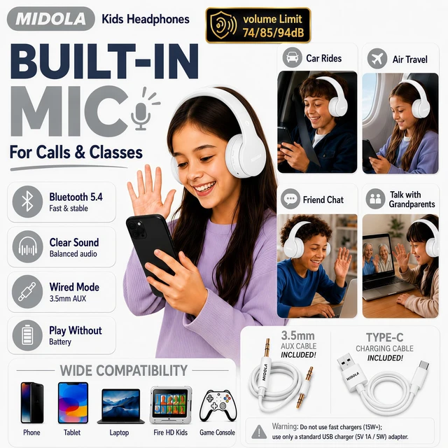 Alt view image 6 of 7 - Kids Bluetooth Headphones Wireless Over-Ear,68Hrs,Volume Limit 85/94dB Built-in Mic,Adjustable Headband Foldable Lightweight for Toddler School Girls Boys,Stereo Sound,Wired by Aux 3.5mm White