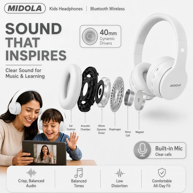 Alt view image 7 of 7 - Kids Bluetooth Headphones Wireless Over-Ear,68Hrs,Volume Limit 85/94dB Built-in Mic,Adjustable Headband Foldable Lightweight for Toddler School Girls Boys,Stereo Sound,Wired by Aux 3.5mm White