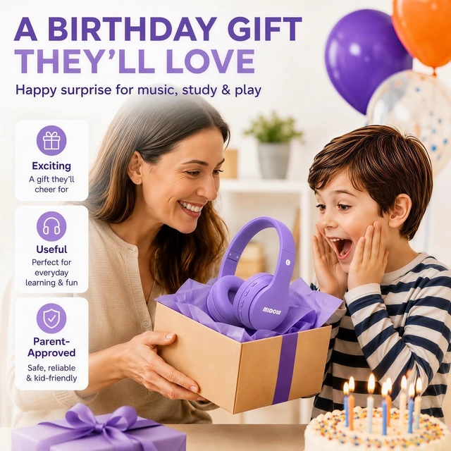 Alt view image 4 of 7 - Kids Bluetooth Headphones Wireless Over-Ear,68Hrs,Volume Limit 85/94dB PP Built-in Mic,Adjustable Headband Foldable Lightweight for Toddler School Girls Boys,Stereo Sound,Wired by Aux 3.5mm Purple