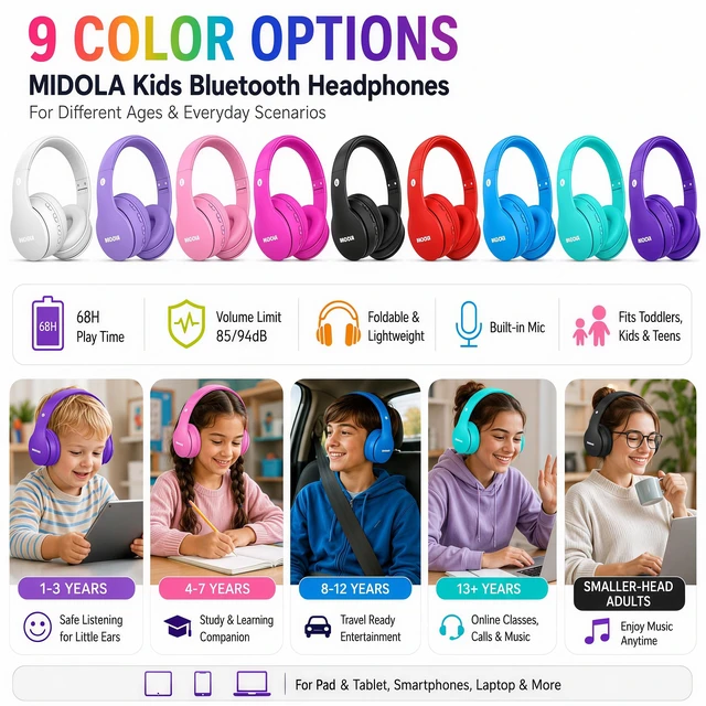 Alt view image 5 of 7 - Kids Bluetooth Headphones Wireless Over-Ear,68Hrs,Volume Limit 85/94dB PP Built-in Mic,Adjustable Headband Foldable Lightweight for Toddler School Girls Boys,Stereo Sound,Wired by Aux 3.5mm Purple