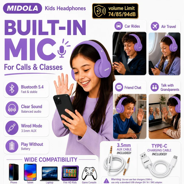 Alt view image 6 of 7 - Kids Bluetooth Headphones Wireless Over-Ear,68Hrs,Volume Limit 85/94dB PP Built-in Mic,Adjustable Headband Foldable Lightweight for Toddler School Girls Boys,Stereo Sound,Wired by Aux 3.5mm Purple