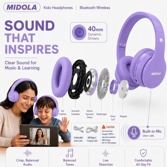 Alt view image 7 of 7 - Kids Bluetooth Headphones Wireless Over-Ear,68Hrs,Volume Limit 85/94dB PP Built-in Mic,Adjustable Headband Foldable Lightweight for Toddler School Girls Boys,Stereo Sound,Wired by Aux 3.5mm Purple