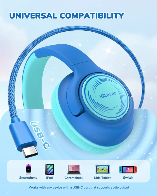Alt view image 4 of 7 - C371 USB C Kids Headphones with Cord for School Boys Girls Travel SafeSound Tech3.0, Stereo Sound, Foldable, Durable Headband, Lightweight, Safe Wired Headphones for Kids, Ocean Blue