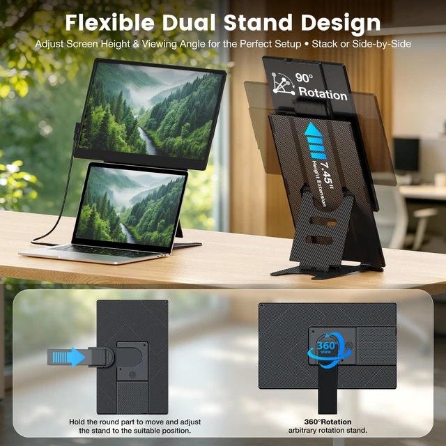 Alt view image 4 of 7 - Laptop Screen Extender, 15.6" Fhd Portable Monitor With Dual Stands 360° Rotating Dual Stand, Detachable & 5-in-1 Modes & Vesa 75x75 Smart Display For 12-17.3" Laptops, Remote Work &Travel
