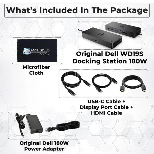 Alt view image 2 of 7 - Dell WD19S Docking Station 180W (130W Power Delivery) - Dell Docking Station Dual Monitor, Dock Station with 180W Power Supply + HDMI Cable + DP Cable + USB-C Cable + Microfiber Cloth