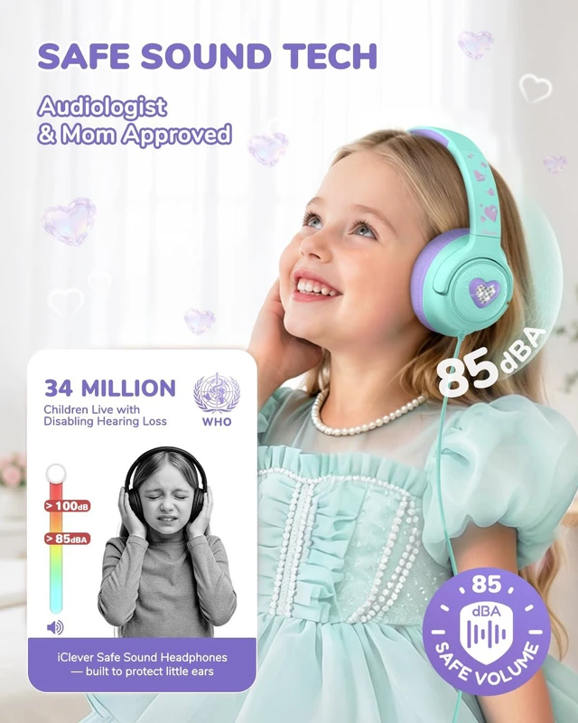 Alt view image 2 of 7 - C371 Kids Headphones with Cord for School Boys Girls Travel Gift SafeSound Tech3.0, Stereo Sound, 3.5mm Jack, Foldable, Durable Headband, Safe Wired Headphones for Kids, Cream Green