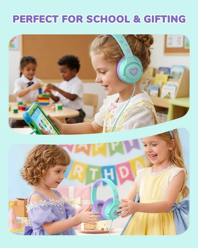 Alt view image 5 of 7 - C371 Kids Headphones with Cord for School Boys Girls Travel Gift SafeSound Tech3.0, Stereo Sound, 3.5mm Jack, Foldable, Durable Headband, Safe Wired Headphones for Kids, Cream Green