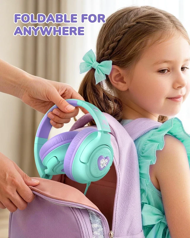 Alt view image 7 of 7 - C371 Kids Headphones with Cord for School Boys Girls Travel Gift SafeSound Tech3.0, Stereo Sound, 3.5mm Jack, Foldable, Durable Headband, Safe Wired Headphones for Kids, Cream Green