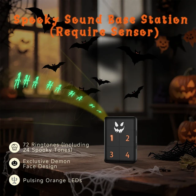 Alt view image 2 of 7 - Solar Driveway Alarm, Halloween Edition with Spooky Music 1/2 mile range, rechargeable base with Halloween music alerts, solar motion sensor for Halloween decoration and gift idea