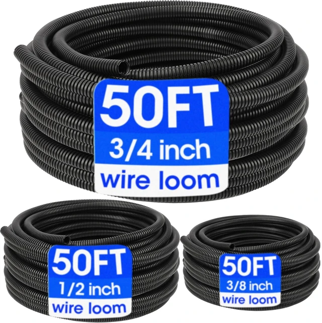Main image of Wire Loom 3/8", 1/2", 3/4 Inch x 50 FT, Split Wire Loom Tubing Wire Conduit, Wire Protector Tubing, Cable Sleeves Bulk, Black