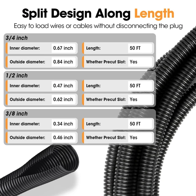 Alt view image 3 of 6 - Wire Loom 3/8", 1/2", 3/4 Inch x 50 FT, Split Wire Loom Tubing Wire Conduit, Wire Protector Tubing, Cable Sleeves Bulk, Black