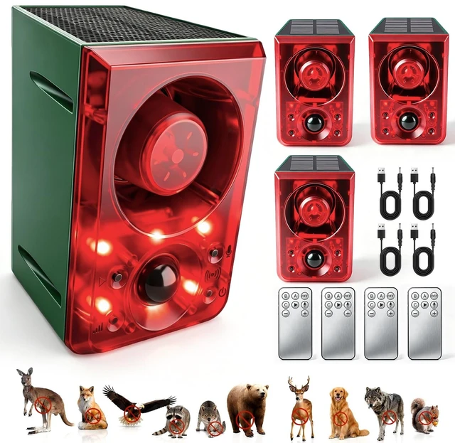 Main image of Solar Outdoor Motion Sensor Alarm Dog Barking Gunshot Sound 130dB Support Recording and Adjustable Volume,Loud Noise Maker 3 Work Modes Strobe Light for Home, Villa, Farm, Barn (4pack)