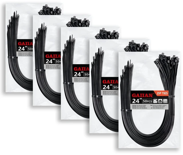 Main image of Long Zip Ties Heavy Duty 24 inch, Large Zip Ties with 200 lbs Tensile Strength, Big Cable Ties, Black, 250 Pack, by